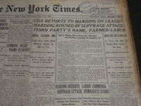 1920 JULY 15 NEW YORK TIMES - COX RETORTS TO HARDING ON LEAGUE - NT 6773