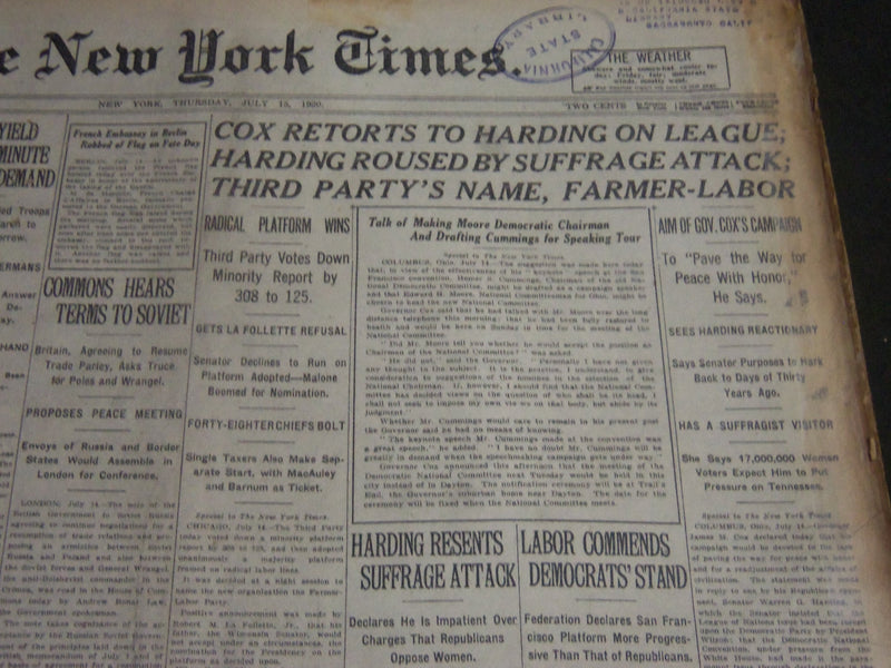 1920 JULY 15 NEW YORK TIMES - COX RETORTS TO HARDING ON LEAGUE - NT 6773