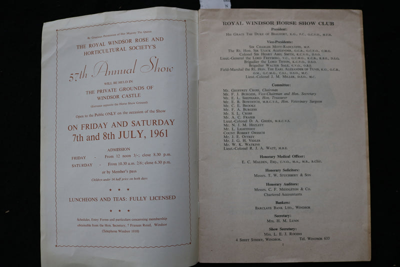 1961 MAY 11 ROYAL WINDSOR HORSE SHOW PROGRAM - HOME PARK WINDSOR CASTLE - K 1850
