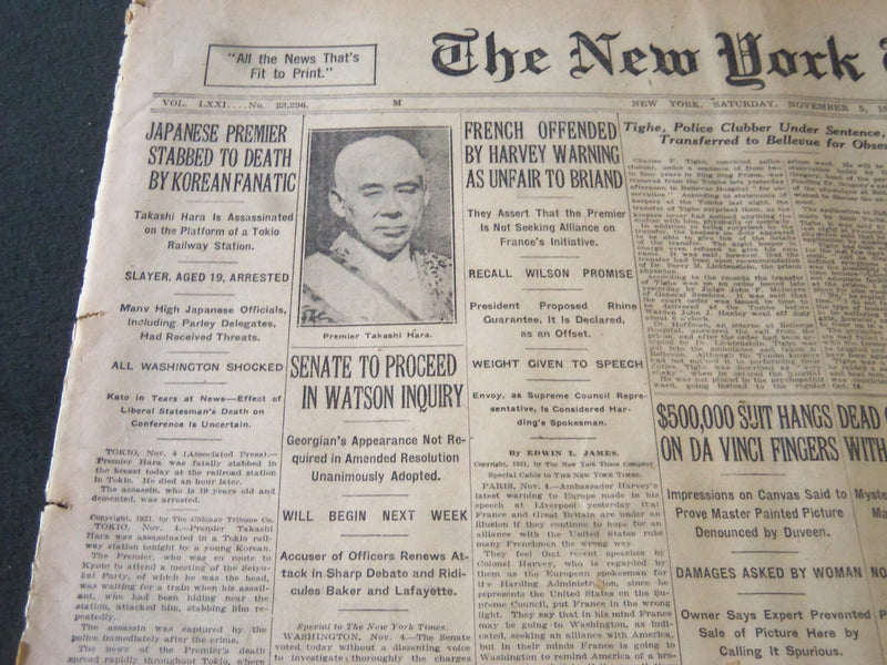 1921 NOVEMBER 5 NEW YORK TIMES - PREMIER TAKASHI HARA STABBED TO DEATH - NT 6150