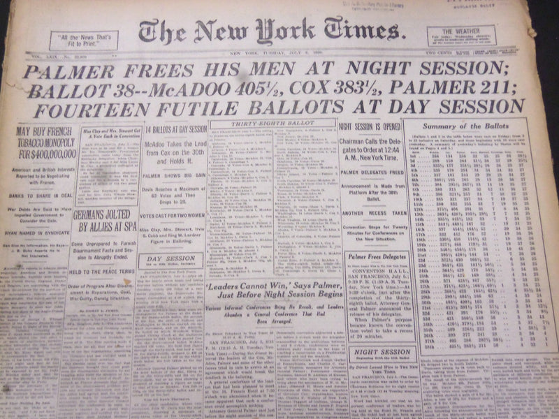 1920 JULY 6 NEW YORK TIMES - MCADOO 405 1/2, COX 383 1/2 PALMER 211 - NT 5326
