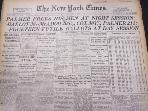 1920 JULY 6 NEW YORK TIMES - MCADOO 405 1/2, COX 383 1/2 PALMER 211 - NT 5326