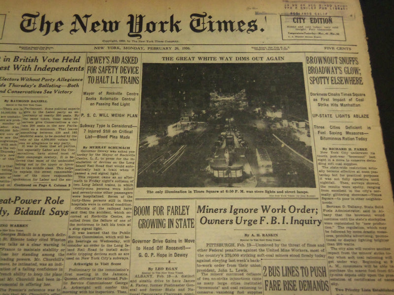 1950 FEBRUARY 20 NEW YORK TIMES - BROWNOUT SNUFFS BROADWAY'S GLOW - NT 4745