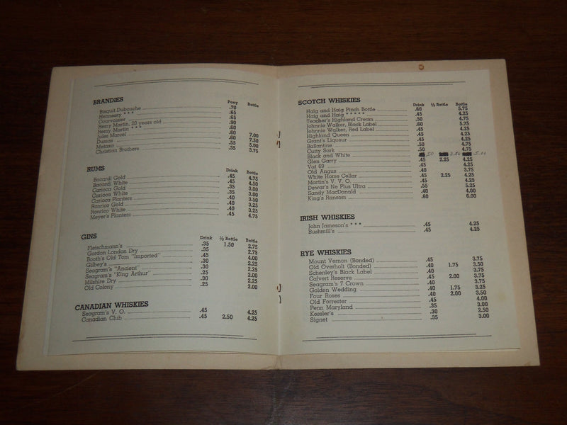 1930'S CIRCUS ROOM WINE LIST - HOTEL BRADFORD - BOSTON - K 1175