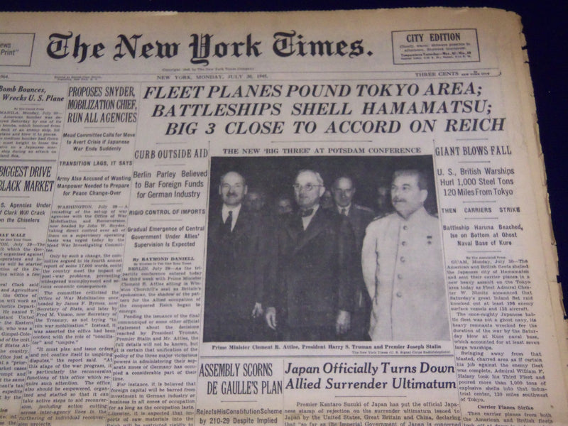 1945 JULY 30 NEW YORK TIMES - FLEET PLANES POUND TOKYO AREA - BIG 3 MEET- NT 674