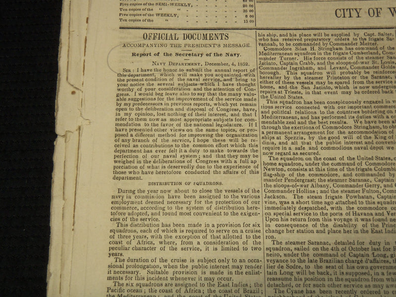 1852-1853 THE DAILY UNION NEWSPAPER LOT OF 4 ISSUES - WASINGTON - NP 3297E