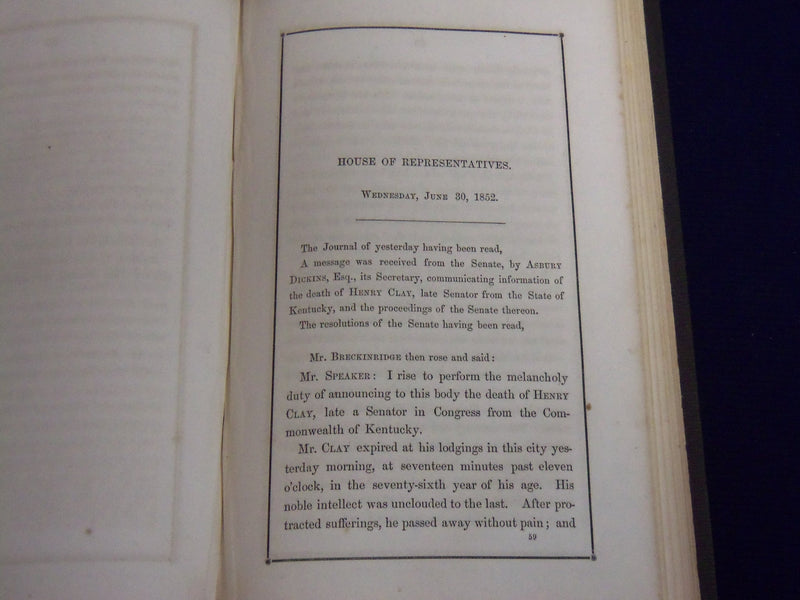 1852 HON. HENRY CLAY OBITUARY ADDRESSES HARDCOVER BOOK - KD 3867F