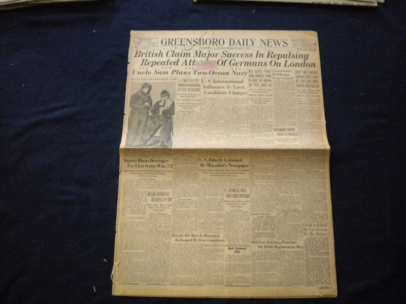 1940 OCT 3 GREENSBORO DAILY NEWS NEWSPAPER -BRITISH CLAIM MAJOR SUCCESS- NP 6029