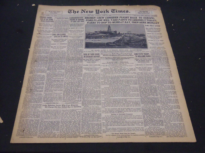 1928 APR 21 NEW YORK TIMES - BREMEN CREW CONSIDER FLIGHT BACK TO ESCAPE- NT 5279