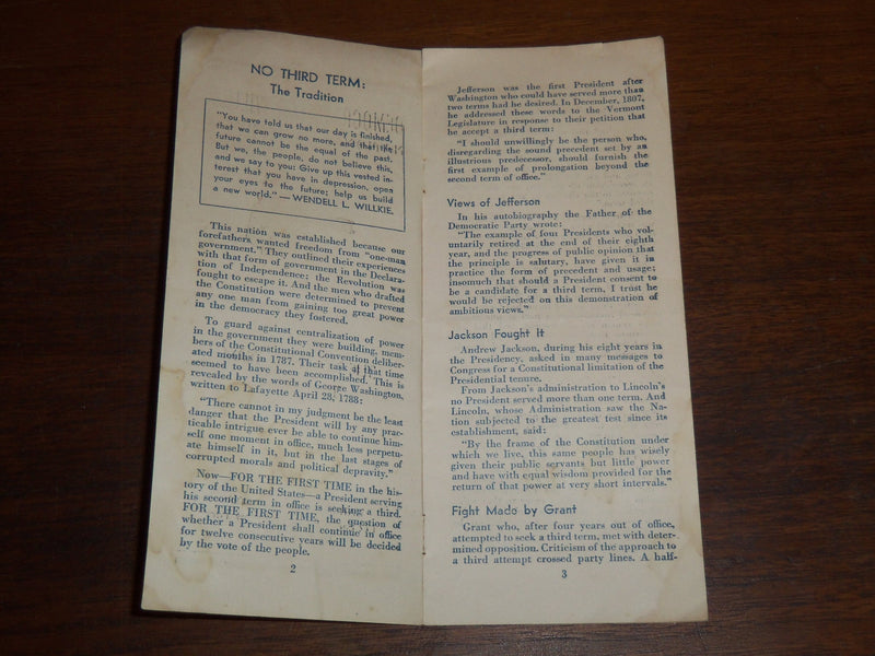 1940 DEMOCRATS FOR WILLKIE NATIONAL COMMITTEE PAMPHLET - NO THIRD TERM - K 1102