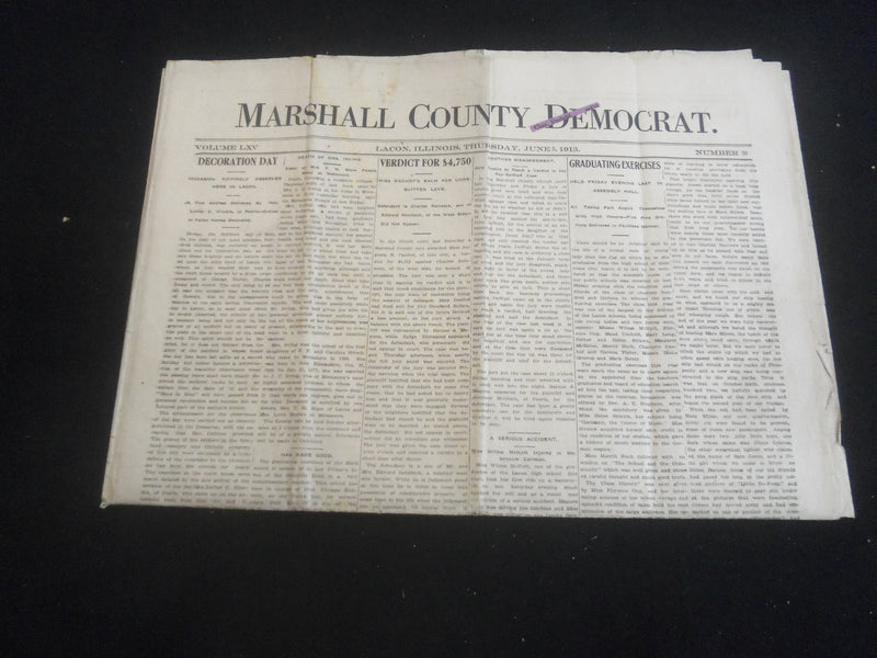 1913 JUNE 5 MARSHALL COUNTY DEMOCRAT NEWSPAPER - NP 5758