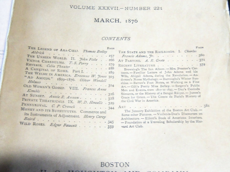 1876 THE ATLANTIC MONTHLY MAGAZINE LOT OF 9 - O. W. HOLMES - JEWETT - WR 308