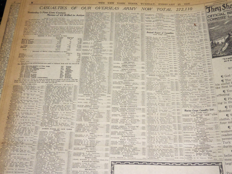 1919 FEBRUARY 25 NEW YORK TIMES - WILSON BRINGS HOME WORLD'S MESSAGE - NT 7970