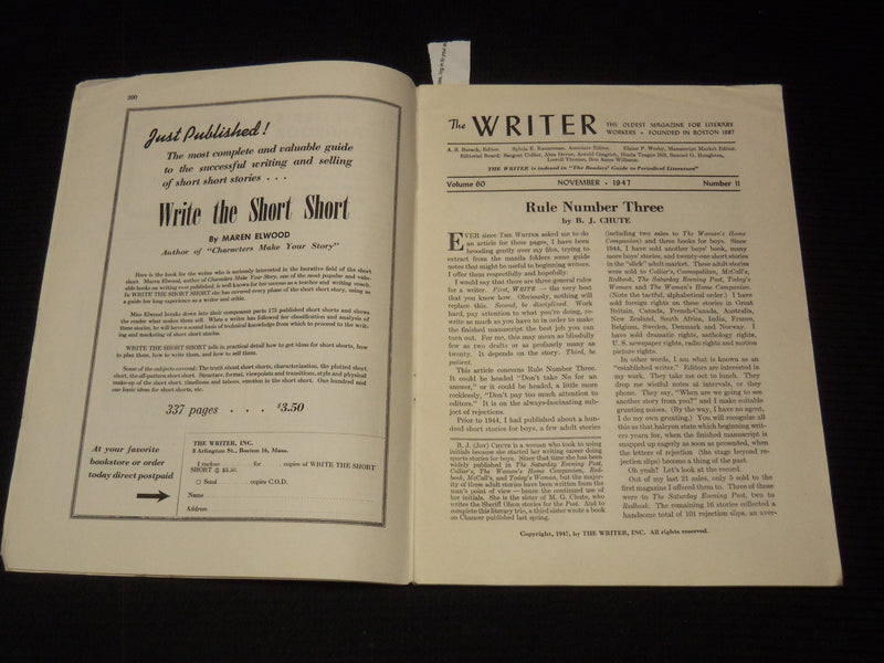 1947 NOVEMBER THE WRITER MAGAZINE - B. J. CHUTE - RITA WEIMAN - K 1043