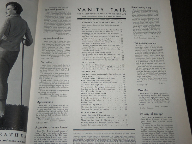 1934 SEPTEMBER VANITY FAIR MAGAZINE - GREAT COVER - GARY COOPER - HEPBURN- F 455