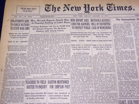 1941 JAN 27 NEW YORK TIMES ISOLATIONISTS SEEK NATIONS TO STATE WAR ARMS- NT 1308