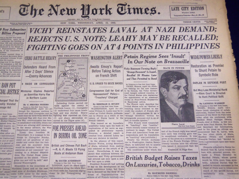 1942 APRIL 15 NEW YORK TIMES - VICHY REINSTATES LAVAL AT NAZI DEMAND - NT 1148
