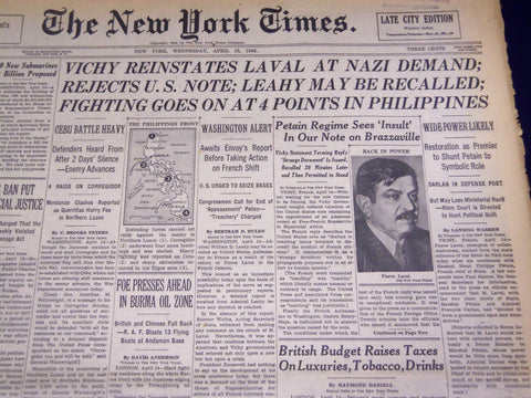 1942 APRIL 15 NEW YORK TIMES - VICHY REINSTATES LAVAL AT NAZI DEMAND - NT 1148