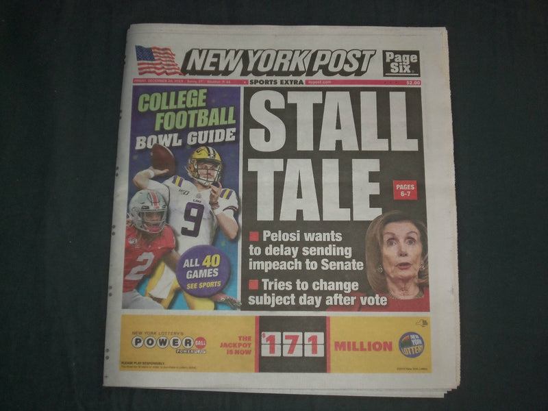 2019 DECEMBER 20 NEW YORK POST NEWSPAPER-PELOSI DELAYS SENDING IMPEACH TO SENATE