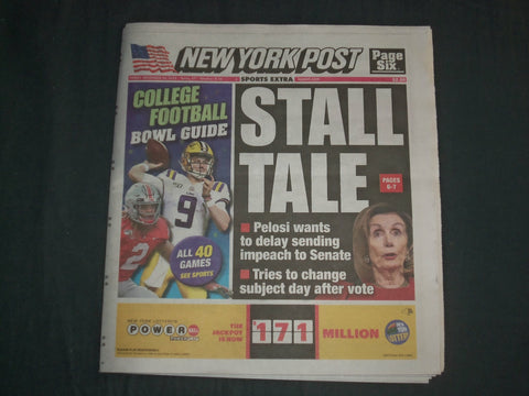 2019 DECEMBER 20 NEW YORK POST NEWSPAPER-PELOSI DELAYS SENDING IMPEACH TO SENATE
