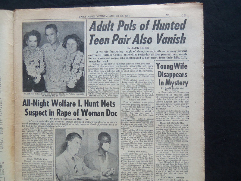 1954 AUGUST 30 NY DAILY NEWS - HUNT MEN IN MYSTERY OF MISSING TEENS - NP 2497