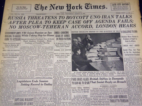 1946 MAR 27 NEW YORK TIMES - RUSSIA THREATENS TO BOYCOTT UNO IRAN TALKS - NT 889