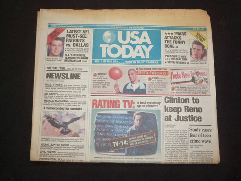 1996 DECEMBER 13-15 USA TODAY NEWSPAPER-CLINTON TO KEEP RENO AT JUSTICE- NP 7840