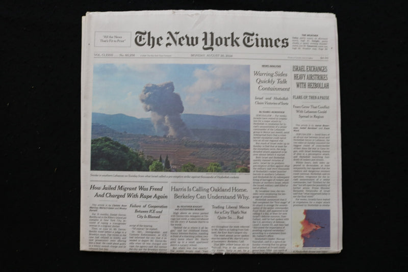 2024 AUGUST 26 NEW YORK TIMES - ISRAEL EXCHANGES HEAVY AIRSTRIKES WITH HEZBOLLAH