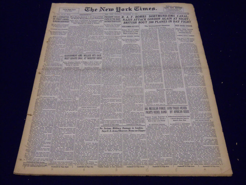 1940 SEPT 21 NEW YORK TIMES - R. A. F. BOMBS DORTMUND EMS CANAL - NT 217