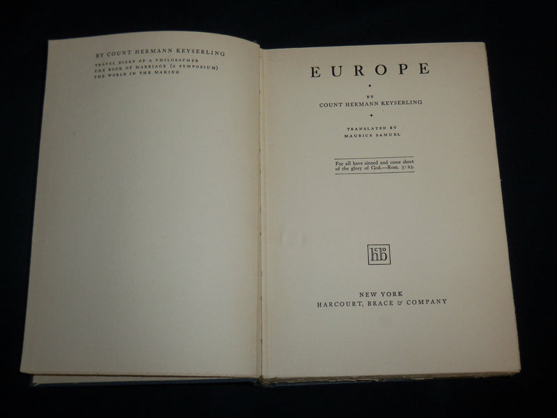 1928 EUROPE HARDCOVER BOOK BY COUNT HERMANN KEYSERLING - KD 7131