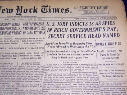 1938 JUN 21 NEW YORK TIMES - U. S JURY INDICTS 18 AS SPIES IN REICH GOV - NT 691