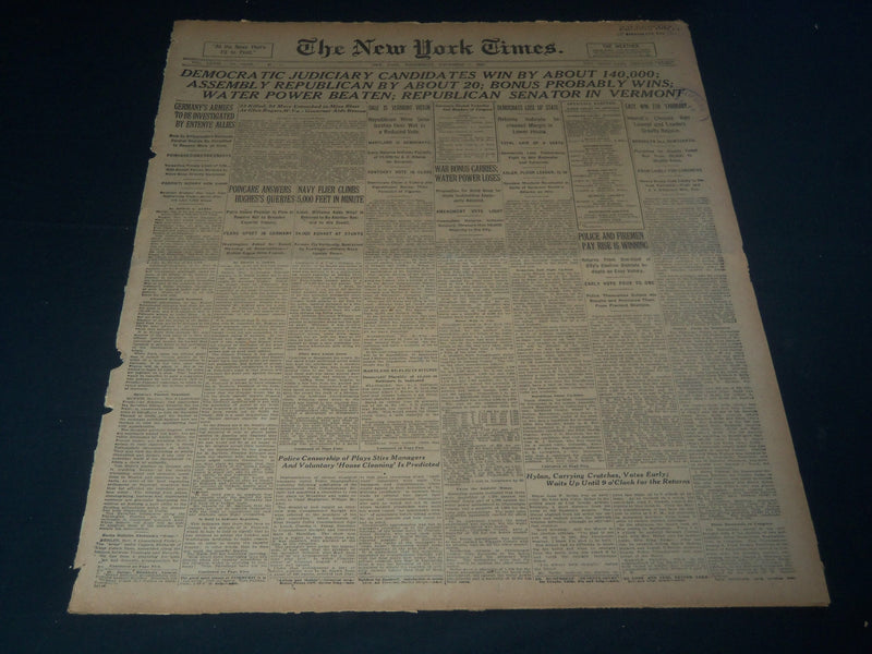 1923 NOV 7 NEW YORK TIMES NEWSPAPER - DEMOCRAT JUDICIARY CANDIDATES WIN- NT 7565