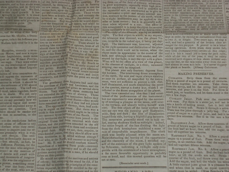 1847 AUGUST 14 MASSACHUSETTS PLOUGHMAN NEWSPAPER - CAMBRIDGE TELESCOPE - NP 5148