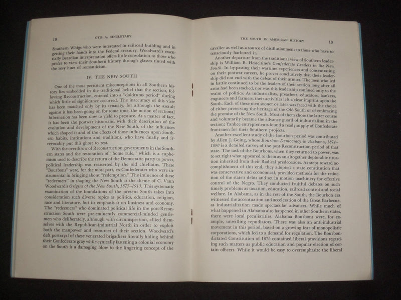 1957 THE SOUTH IN AMERICAN HISTORY SOFTCOVER BOOK BY OTIS A. SINGLETARY - J 9866