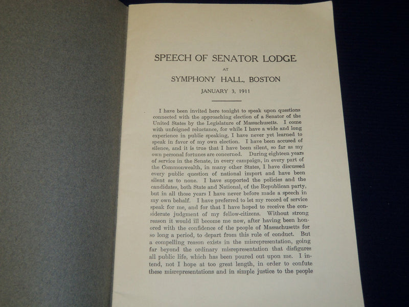 1911 JANUARY 3 SENATOR LODGE SPEECH AT SYMPHONY HALL - BOSTON - J 4446