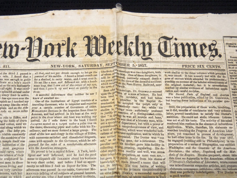 1857 SEPTEMBER 5 NEW YORK WEEKLY TIMES NEWSPAPER - POLITICS IN KANSAS - NP 8972