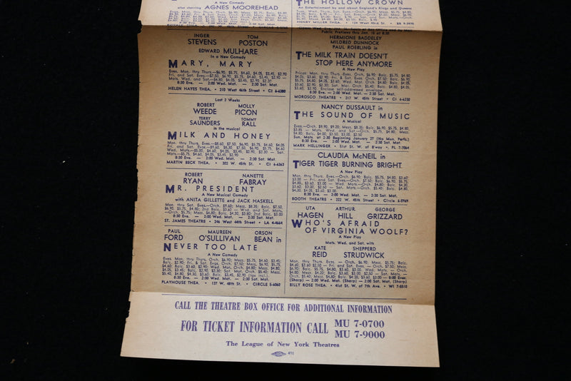 1960'S EMERGENCY BROADWAY THEATRE DIRECTORY - ZERO MOSTEL - UTA HAGEN - K 1904