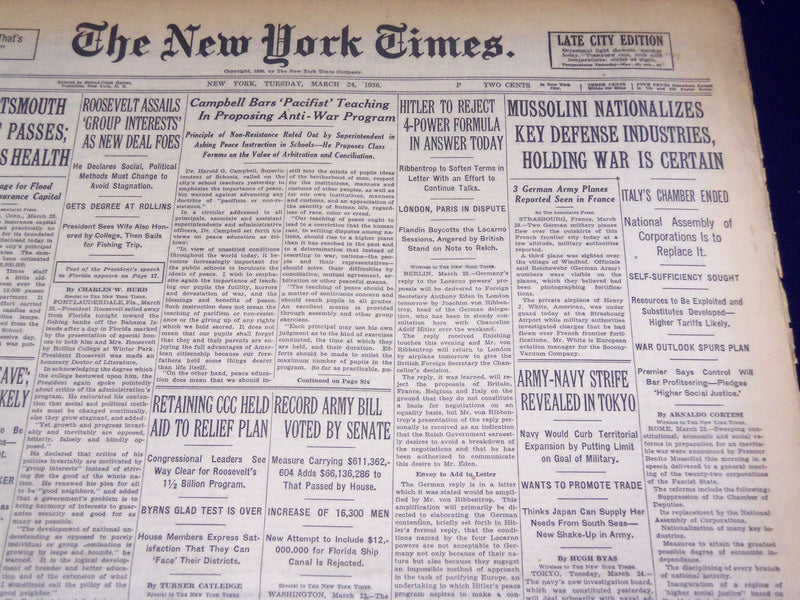 1936 MARCH 24 NEW YORK TIMES - MUSSOLINI NATIONALIZES KEY DEFENSE - NT 1843