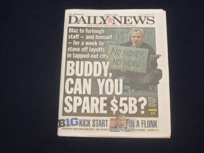 2020 SEP 17 NEW YORK DAILY NEWS NEWSPAPER - MAYOR DE BLAZIO TO FURLOUGH STAFF