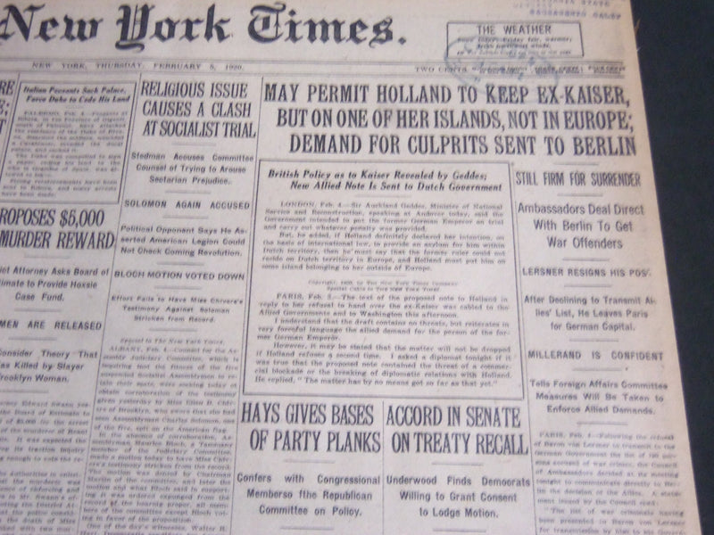1920 FEBRUARY 5 NEW YORK TIMES - MAY PERMIT HOLLAND TO KEEP EX-KAISER - NT 6790