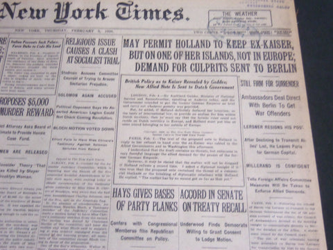 1920 FEBRUARY 5 NEW YORK TIMES - MAY PERMIT HOLLAND TO KEEP EX-KAISER - NT 6790