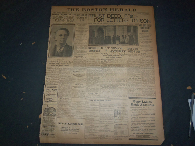 1907 MARCH 4 THE BOSTON HERALD - TRUST DEED, PRICE FOR LETTERS TO SON-EDDY- BH 4