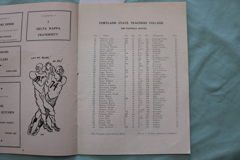 1949 OCTOBER 29 HARTWICK VS. CORTLAND STATE FOOTBALL PROGRAM - K 3390