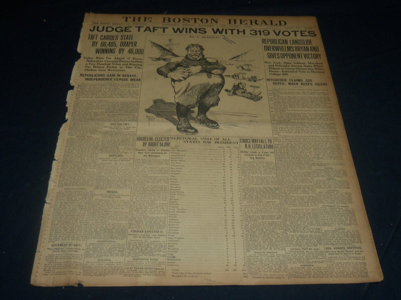1908 NOV 4 THE BOSTON HERALD - JUDGE TAFT WINS WITH 319 VOTES - BH 241