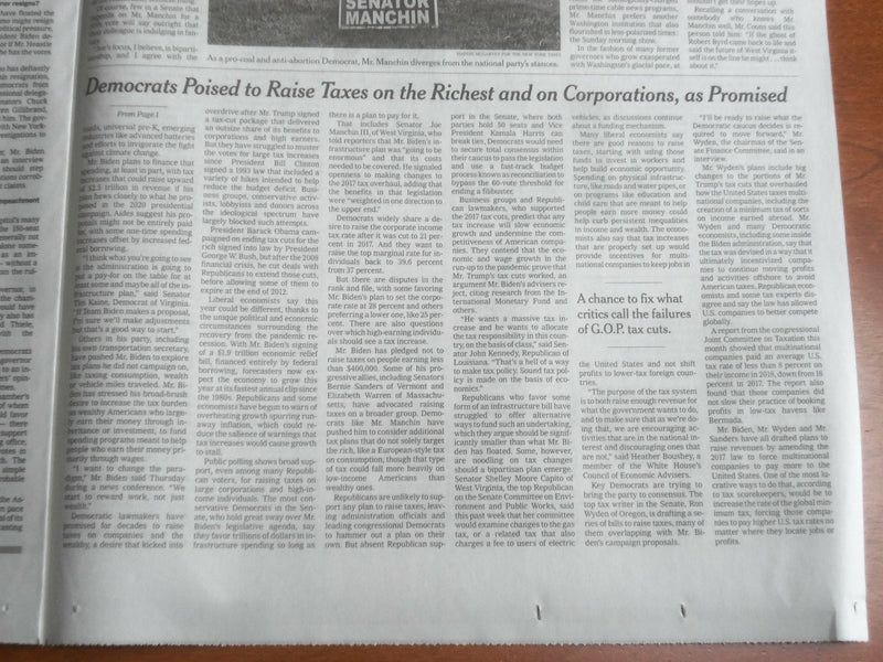 2021 MARCH 28 NEW YORK TIMES - DEMOCRATS SEEK TO RAISE TAXES ON THE RICHEST