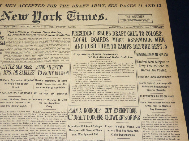 1917 AUGUST 10 NEW YORK TIMES - PRESIDENT ISSUES DRAFT CALL TO COLORS - NT 8507