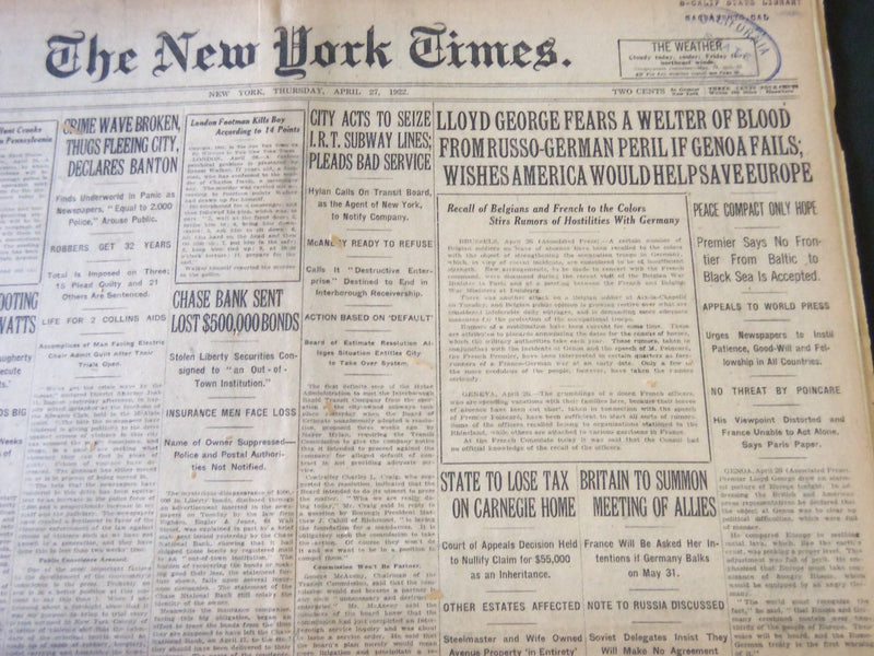 1922 APRIL 27 NEW YORK TIMES - CREATOR OF NICK CARTER KILLS HIMSELF - NT 5767