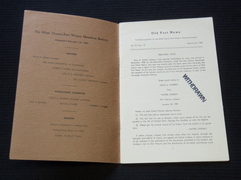 1945 MARCH-JUNE OLD FORT NEWS SOFTCOVER BOOK - FORT WAYNE INDIANA - J 7251