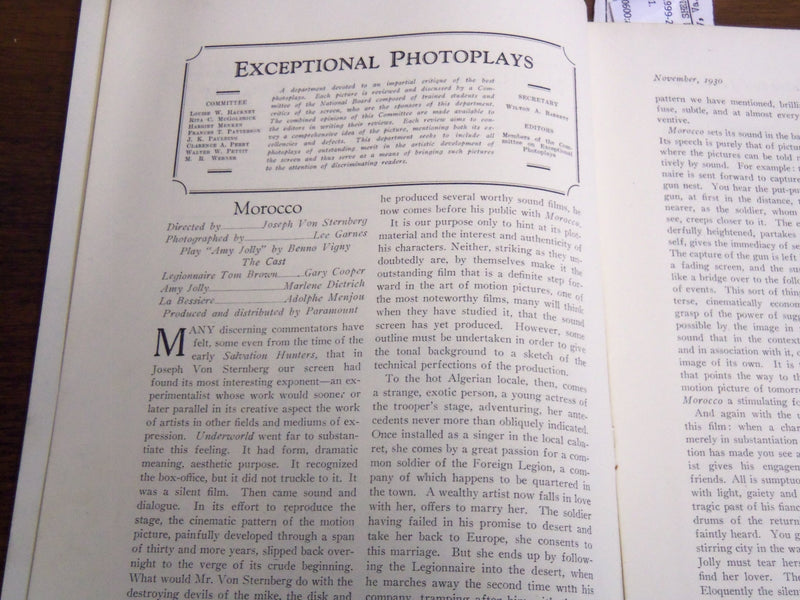 1930 NOVEMBER NATIONAL BOARD OF REVIEW MAGAZINE - MARLENE DIETRICH - K 1137
