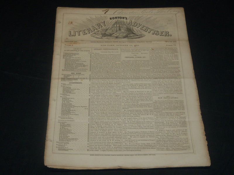 1851 OCTOBER 15 NORTON'S LITERARY ADVERTISER NEWSPAPER -VOLUME 1 NO. 6 - NP 4383